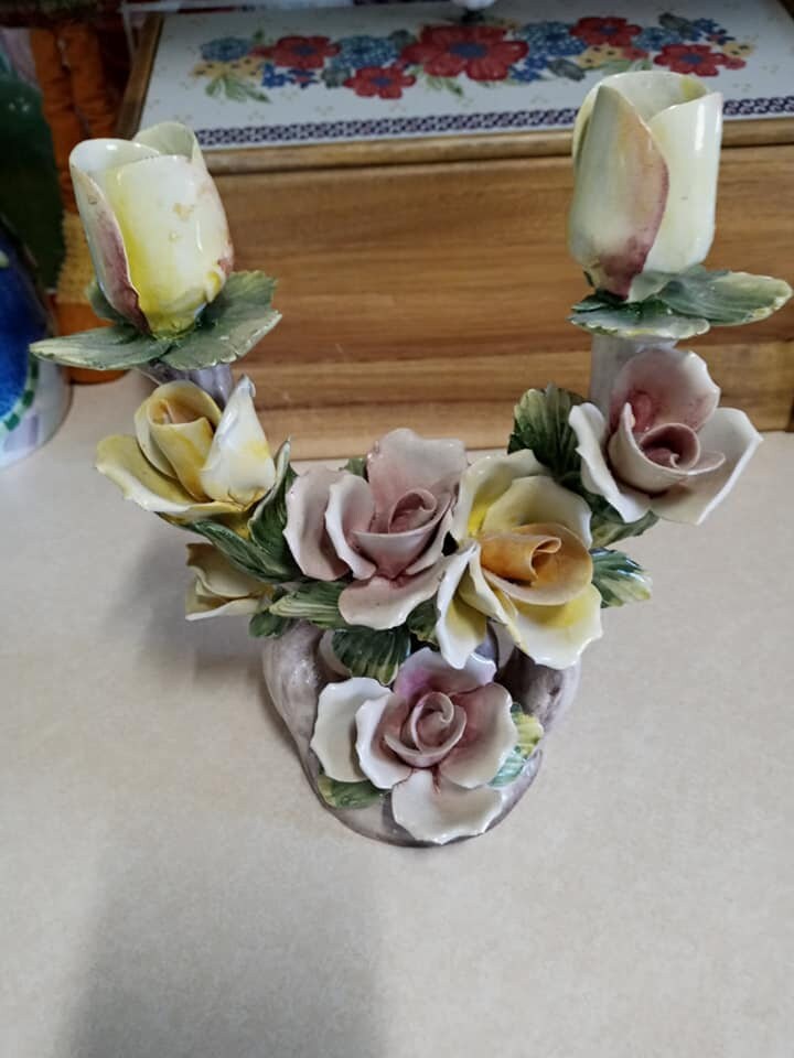 Vintage Signed Porcelain Rose Candle Holder Etsy