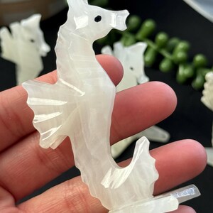 Puede incluir: Figurita de caballito de mar tallada en cristal de selenita blanco. La figurita est&aacute; de pie sobre una peque&ntilde;a base y tiene un dise&ntilde;o detallado.