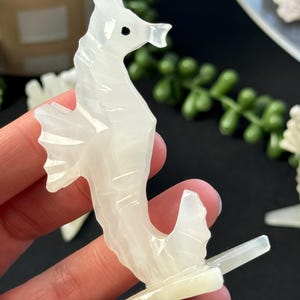 Puede incluir: Figurita de caballito de mar tallada en blanco con un dise&ntilde;o detallado. El caballito de mar est&aacute; de pie sobre una base blanca.
