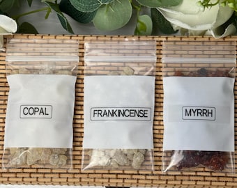 May include: Three small, clear plastic bags filled with aromatic resins, labeled "COPAL", "FRANKINCENSE", and "MYRRH". The bags are arranged on a woven tray, with green foliage in the background. The resins vary in color, from light beige to dark reddish-brown.