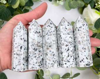 May include: Five white and gray granite crystal points, also known as white granite wands, are arranged in a row and held in a hand. The points are smooth and polished.