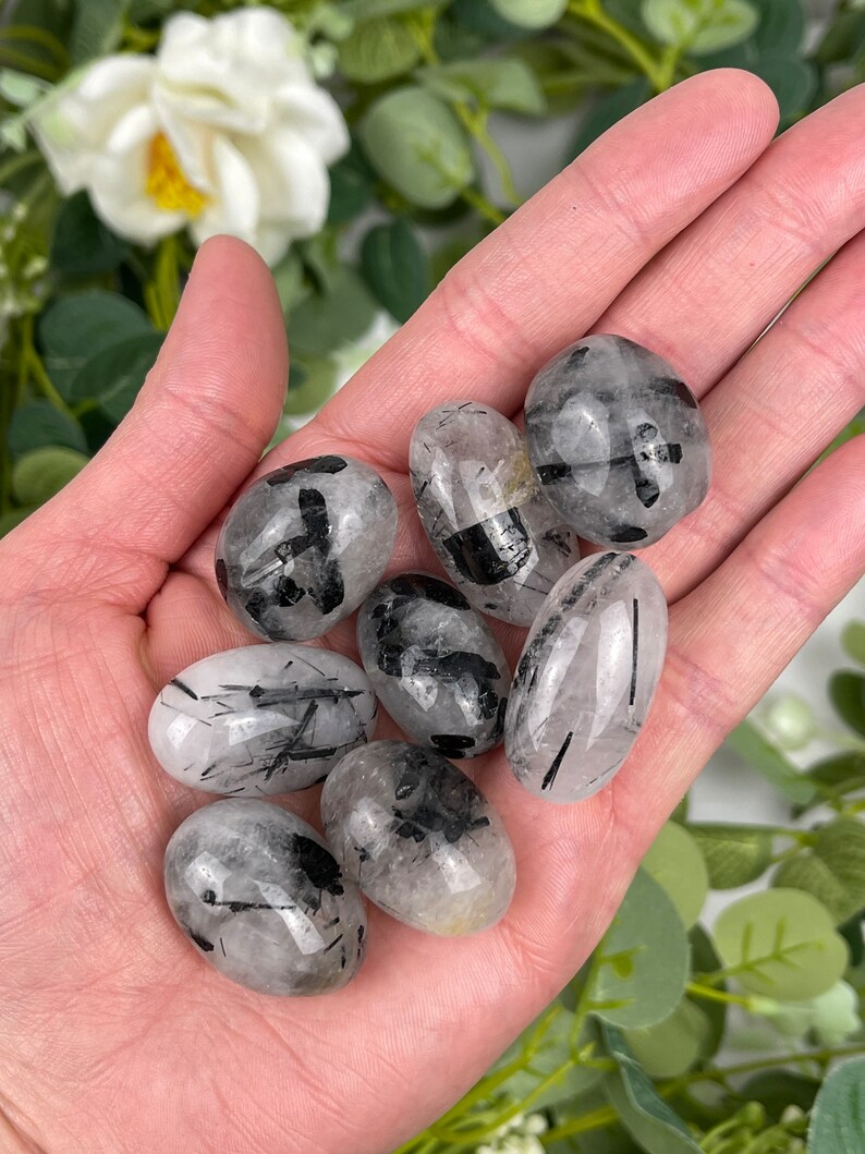 May include: A collection of tumbled black tourmaline quartz stones. The stones are oval-shaped, with clear quartz and black tourmaline inclusions. The stones are held in a hand, with a blurred floral background.