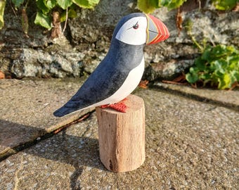Stunningly realistic handcarved and individually painted Puffin mounted on a wooden stand (14cm)