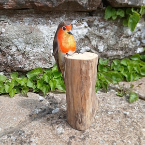 Stunningly realistic handcarved and individually painted life size Robin perched on a wooden stand that measures 12cm from beak to tail.