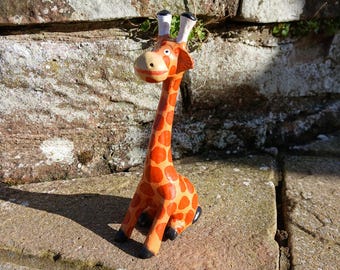 Handpainted Wooden Giraffe Figurine, Cute Enamel Decor (19cm)