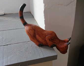 Estante de madera tallado a mano con forma de gato, decoración rústica para el hogar (15 cm)