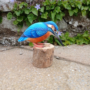 Stunningly realistic handcarved and individually painted King fisher perched on a wooden stand that measures 13cm from beak to tail.