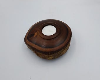 Small Tealight holder that has been made from the cross section of a branch of Laburnum and still has a full ring of bark (14x6cm)