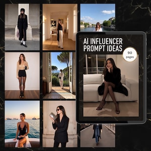Puede incluir: Una tableta digital muestra el texto "AI Influencer Prompt Ideas" con "90 pages" en un círculo. La imagen está rodeada de otras imágenes de mujeres con atuendos de moda, lo que sugiere un tema de moda y estilo de vida.