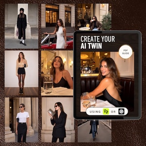 Peut inclure: Un collage d'images présentant une femme dans différentes tenues. Les images incluent une femme en manteau noir, une robe blanche et une robe noire. Une tablette affiche le texte "CREATE YOUR AI TWIN".