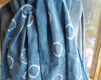 Blue cotton scarf hand dyed with indigo and Shibori resist pattern