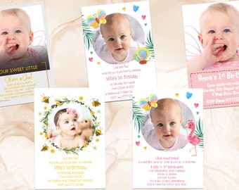 Cartes d'invitation personnalisées pour la première fête d'anniversaire de bébé fille A6 105 mm x 148 mm Invitations photographiques 1er anniversaire invite un an