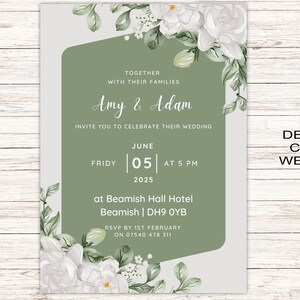 Sage Wedding Invitation Cards A6 Postcard SizeWith Free Envelopes Green Leaves Wedding Stationery Digitally Printed image 2