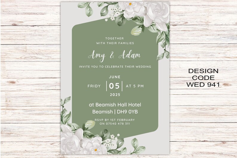 Sage Wedding Invitation Cards A6 Postcard SizeWith Free Envelopes Green Leaves Wedding Stationery Digitally Printed image 2
