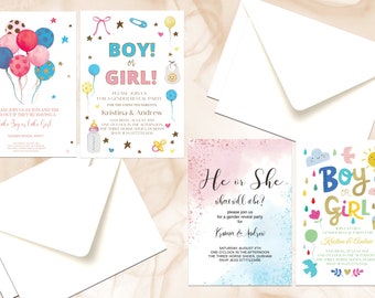 Baby Gender Reveal Girl's & Boys Personalised Party Invitation Cards. He or She