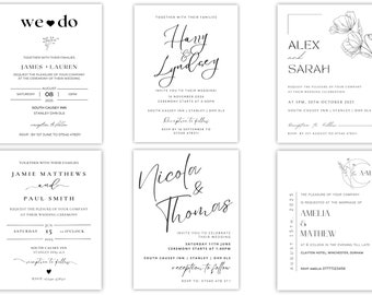 Black and White Minimalist Personalised Wedding Day Invitations Printed Cards.