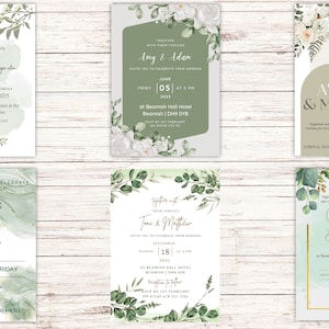 Sage Wedding Invitation Cards  A6 (Postcard Size)With Free Envelopes Green Leaves Wedding Stationery Digitally Printed