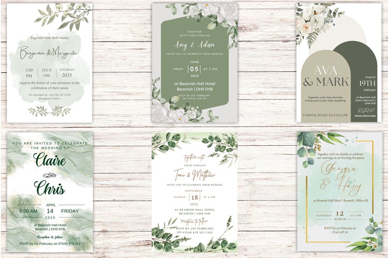Sage Wedding Invitation Cards A6 Postcard SizeWith Free Envelopes Green Leaves Wedding Stationery Digitally Printed image 1