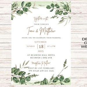 Sage Wedding Invitation Cards A6 Postcard SizeWith Free Envelopes Green Leaves Wedding Stationery Digitally Printed image 6