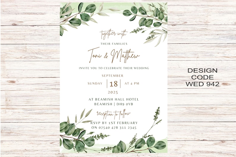 Sage Wedding Invitation Cards A6 Postcard SizeWith Free Envelopes Green Leaves Wedding Stationery Digitally Printed image 6