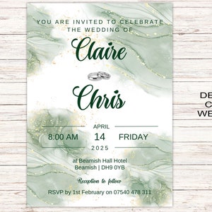 Sage Wedding Invitation Cards A6 Postcard SizeWith Free Envelopes Green Leaves Wedding Stationery Digitally Printed image 5
