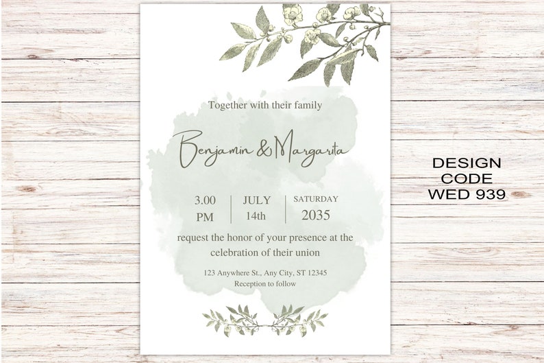 Sage Wedding Invitation Cards A6 Postcard SizeWith Free Envelopes Green Leaves Wedding Stationery Digitally Printed image 3