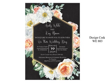 Black Floral Wedding Day Personalised Invitations Size A6 148mm x 105mm - Cards  Printed