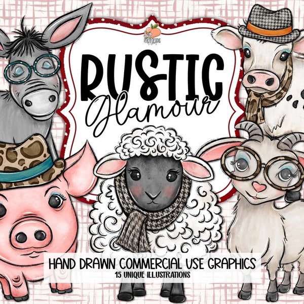 Rustic Glamour Clip Art PNG, Cow, Pig, Goat, Donkey, Sheep, Commercial Use Graphics, Sublimation Graphics, Hand Drawn Digital Art, Fall Farm