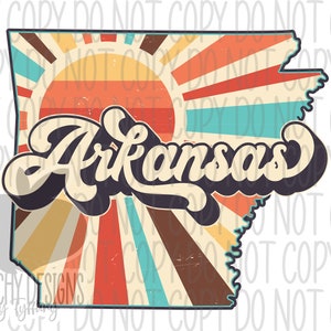 May include: A retro-style illustration of the state of Arkansas with a sunburst design in red, orange, yellow, brown, and blue colors. The word "Arkansas" is written in a stylized font.
