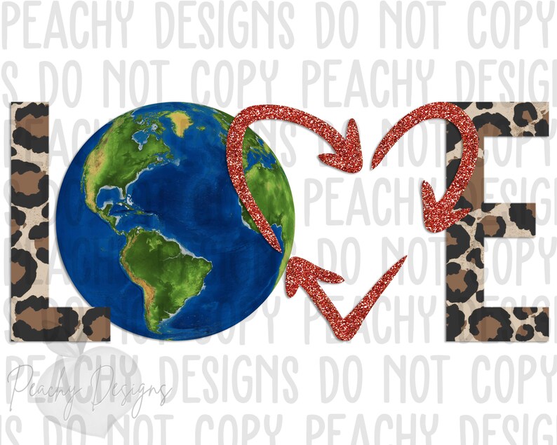 May include: A graphic design featuring the word "LOVE" with a red glitter heart and a globe in the center. The letters are decorated with a brown and black leopard print.