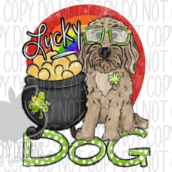 Lucky Dog PNG, sublimazione del giorno di San Patrizio, trifoglio Png, design fortunato, download digitale, png digitale del giorno di San Patrizio, DTG, cane carino, arcobaleno