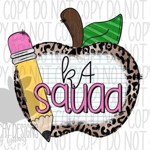 May include: A leopard print apple with a green leaf and a pink pencil sticking out of the side. The apple has a white background with blue lines and the words "KA Squad" written in pink.