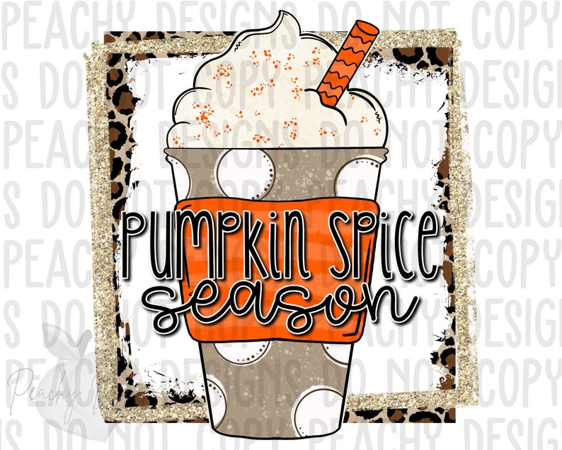 May include: A brown and white coffee cup with a white whipped cream topping and a red and orange straw. The cup has a brown and white polka dot pattern and the text "Pumpkin Spice Season" in black and orange letters.