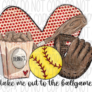 Take me out to the ballgame png, Softball clipart, Softball Sublimation, Digital Download, Love Softball, Cute Softball heart design, DTG