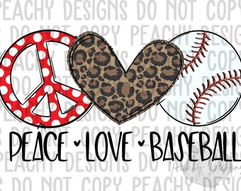 Baseball Sublimation, Baseball Png, Digital Download, Peace Love Baseball, Baseball red glitter red polka dots, Leopard Baseball design, DTG