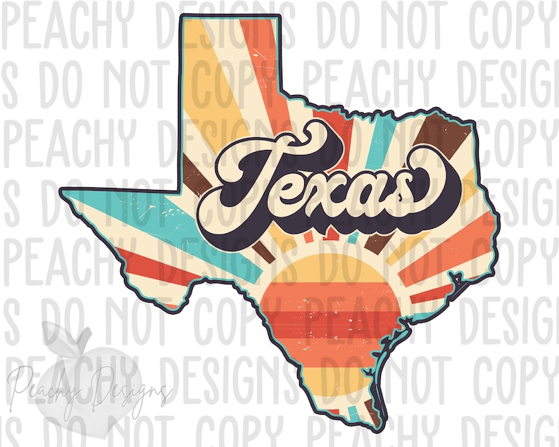May include: A retro-style graphic of the state of Texas, featuring the word "Texas" in a stylized font. The design incorporates a sunburst pattern with shades of orange, brown, and teal, creating a vintage aesthetic.