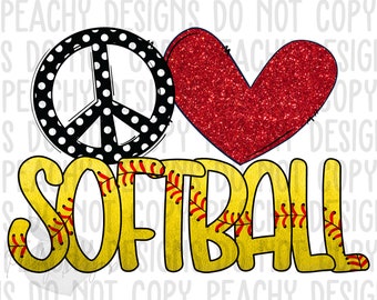 Peace Love Softball png, Softball Sublimation, Softball Png, Digital Download, Peace Love Softball, Red Glitter Softball design, DTG