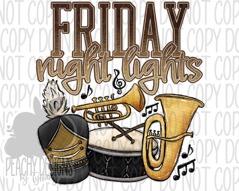 Op de afbeelding: Een digitale illustratie met een marsbandthema met de tekst "FRIDAY night lights" in bruin en gouden letters. De illustratie bevat een zwart-gouden tamboer-majoorhoed, een gouden trompet, een gouden sousafoon en een zwart-witte trommel.