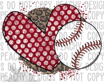 Baseball Sublimation, Baseball Png, Digital Download, Love Baseball, Baseball red glitter red polka dots, Cute Baseball heart design, DTG