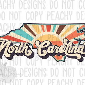May include: A retro-style graphic design featuring the outline of the state of North Carolina with a sunburst design in shades of red, orange, yellow, blue, and green. The text "North Carolina" is written in a vintage font.