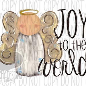 May include: A digital illustration of a white angel with gold wings and a halo. The angel is holding a banner that says "Joy to the World".