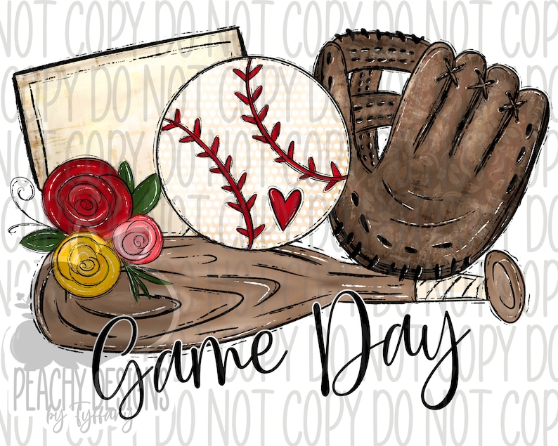 K&ouml;nnte beinhalten: Ein Baseball, ein Schl&auml;ger, ein Handschuh und ein Homeplate mit einem Blumenarrangement. Der Text "Game Day" steht unter den Gegenst&auml;nden.