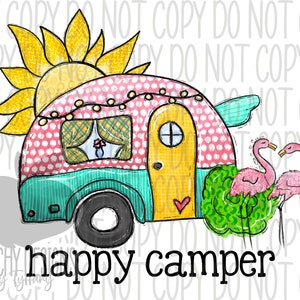 Happy Camper Png, Camping clipart, Retro RV png, Diseños de sublimación, DTG, Camping, Tear Drop Camper, Sublimación, flamencos