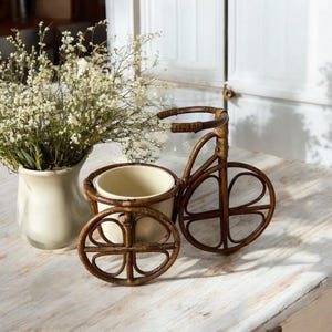 May include: A brown wicker bicycle planter with a white ceramic pot. The planter is a decorative piece for indoor or outdoor use.