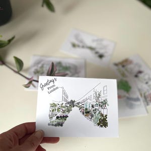 Ansichtkaartenset 'Greetings from London' | handgetekende ansichtkaarten met aquarel Londen-thema met botenicalen