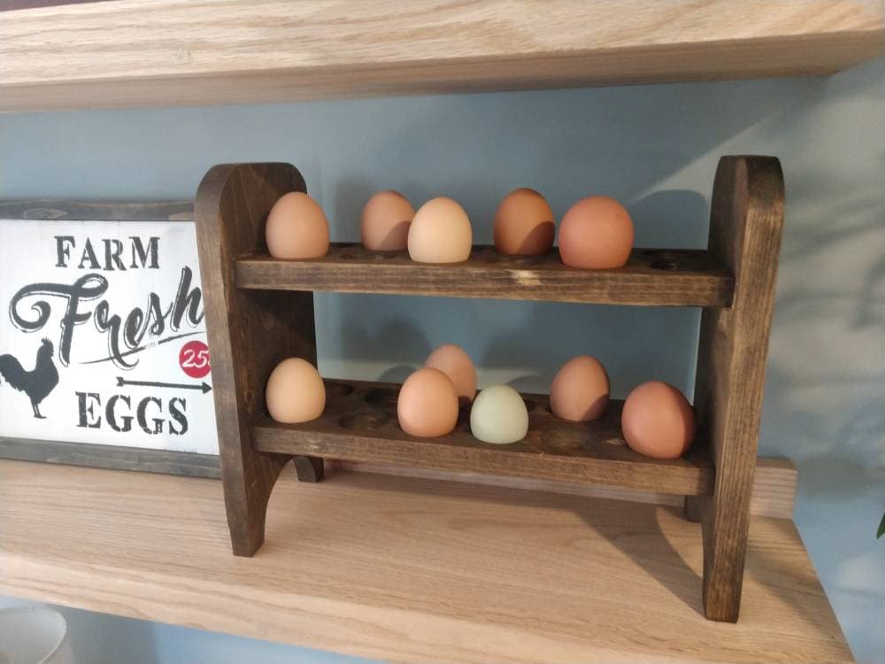 Egg Holder for Countertop in Oak With Painted Ends, Hold up to 12 Fresh Eggs.  