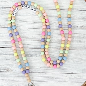 Personalized Pastel Rainbow Beaded Breakaway Lanyard, Beaded Lanyard, Wooden Beaded Lanyard, Acrylic Beaded Lanyard, Teacher Lanyard