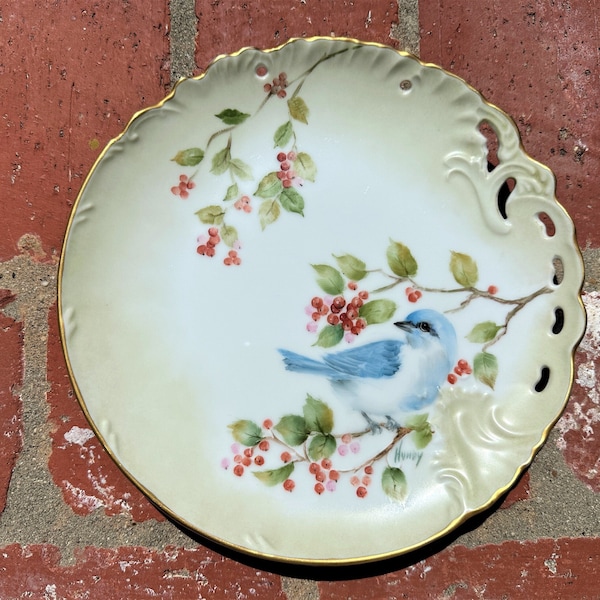 Beautiful Hand Painted Signed Collectors Plate, Bluebird on Berry Branch, Fine decorative Ceramic w/ detailed edges, 8.25" diameter