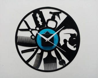 Wall clock vinyl record laser cut BARBIER HAIRDRESSER