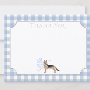 May include: Blue and white gingham thank you card with a German Shepherd dog pushing a baby carriage. The card says "Thank You" at the top.